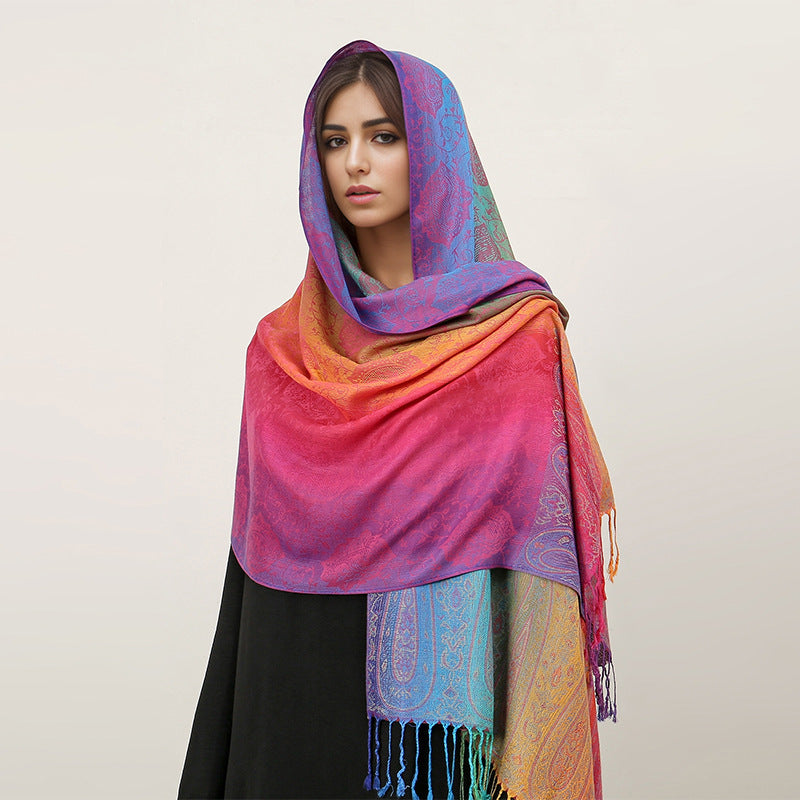 Ethnic Style Colorful Cashew Embroider Rainbow Gradient Tassel Scarf