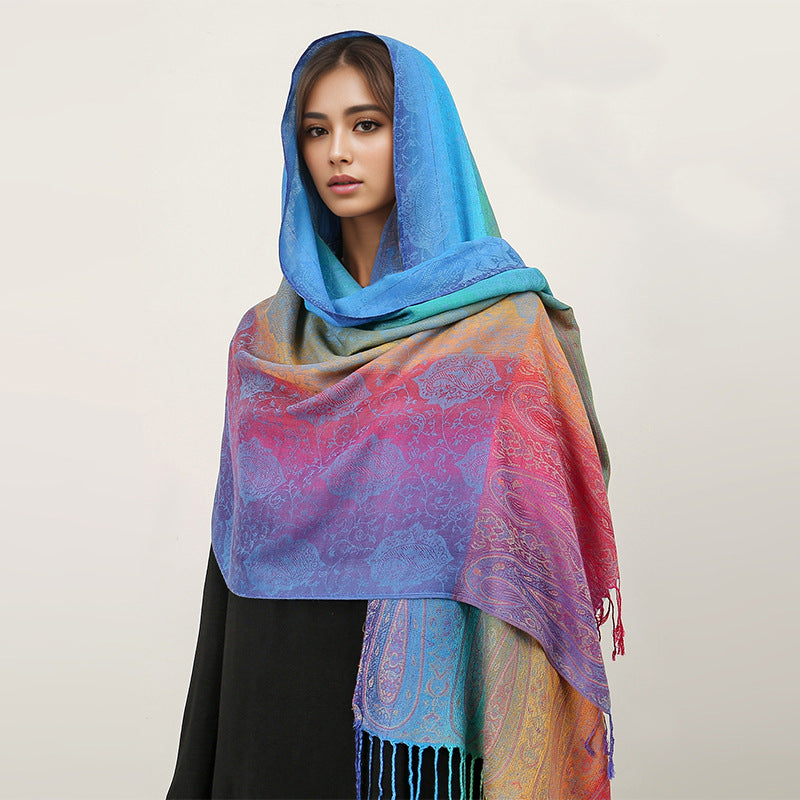 Ethnic Style Colorful Cashew Embroider Rainbow Gradient Tassel Scarf