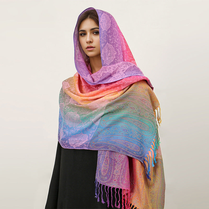 Ethnic Style Colorful Cashew Embroider Rainbow Gradient Tassel Scarf