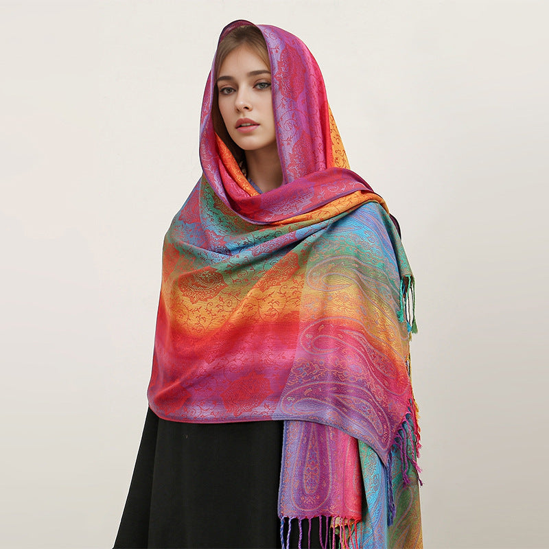 Ethnic Style Colorful Cashew Embroider Rainbow Gradient Tassel Scarf