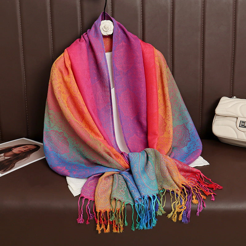 Ethnic Style Colorful Cashew Embroider Rainbow Gradient Tassel Scarf