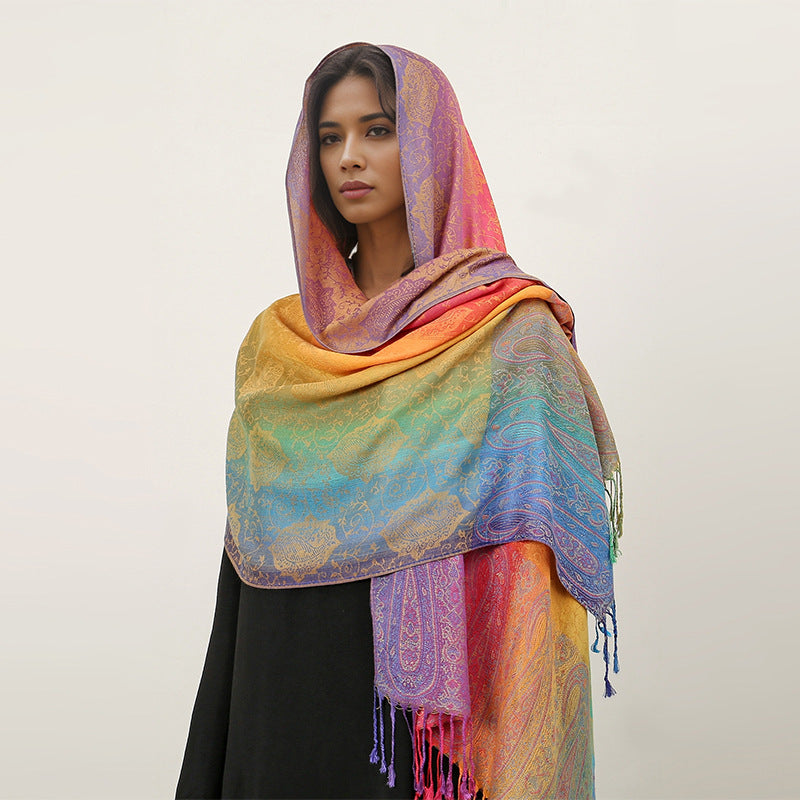 Ethnic Style Colorful Cashew Embroider Rainbow Gradient Tassel Scarf
