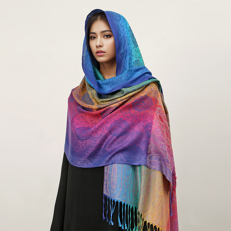 Ethnic Style Colorful Cashew Embroider Rainbow Gradient Tassel Scarf