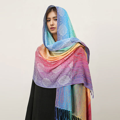 Ethnic Style Colorful Cashew Embroider Rainbow Gradient Tassel Scarf