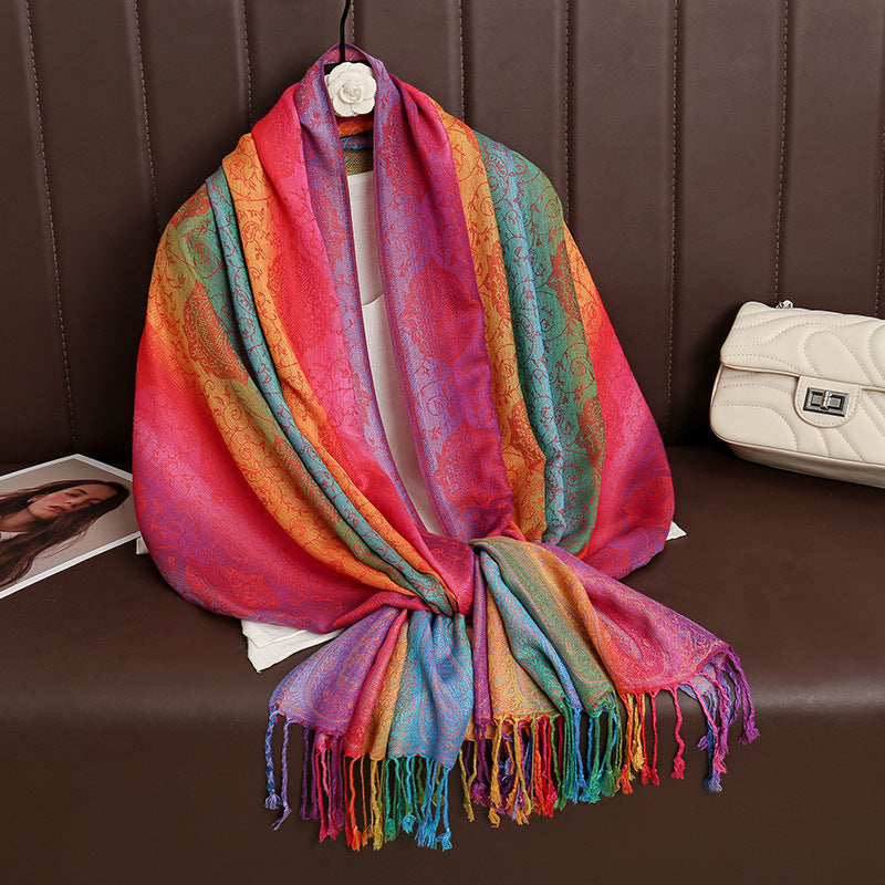 Ethnic Style Colorful Cashew Embroider Rainbow Gradient Tassel Scarf