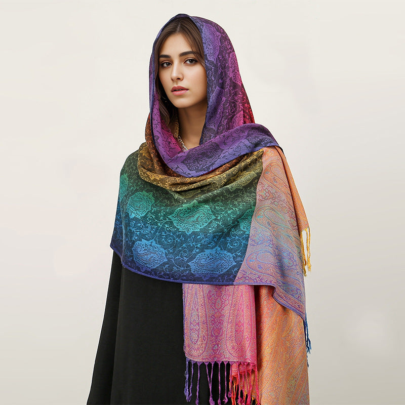 Ethnic Style Colorful Cashew Embroider Rainbow Gradient Tassel Scarf