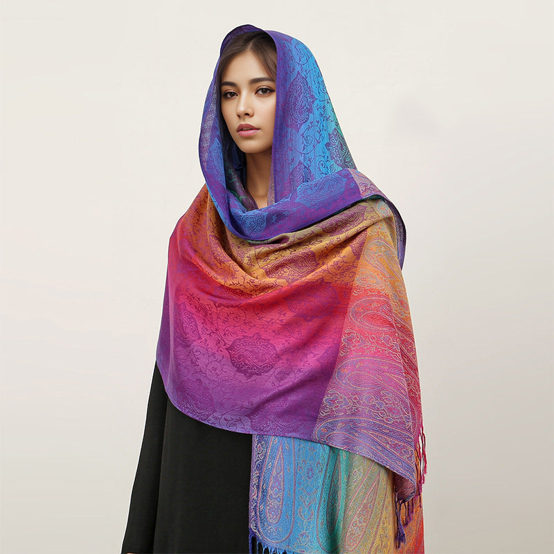 Ethnic Style Colorful Cashew Embroider Rainbow Gradient Tassel Scarf