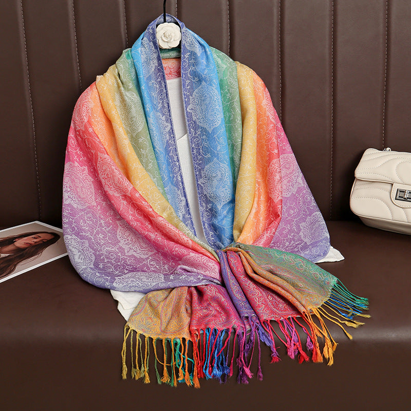 Ethnic Style Colorful Cashew Embroider Rainbow Gradient Tassel Scarf