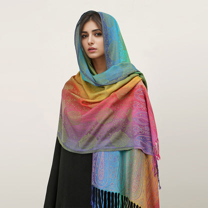 Ethnic Style Colorful Cashew Embroider Rainbow Gradient Tassel Scarf