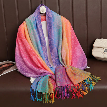 Ethnic Style Colorful Cashew Embroider Rainbow Gradient Tassel Scarf