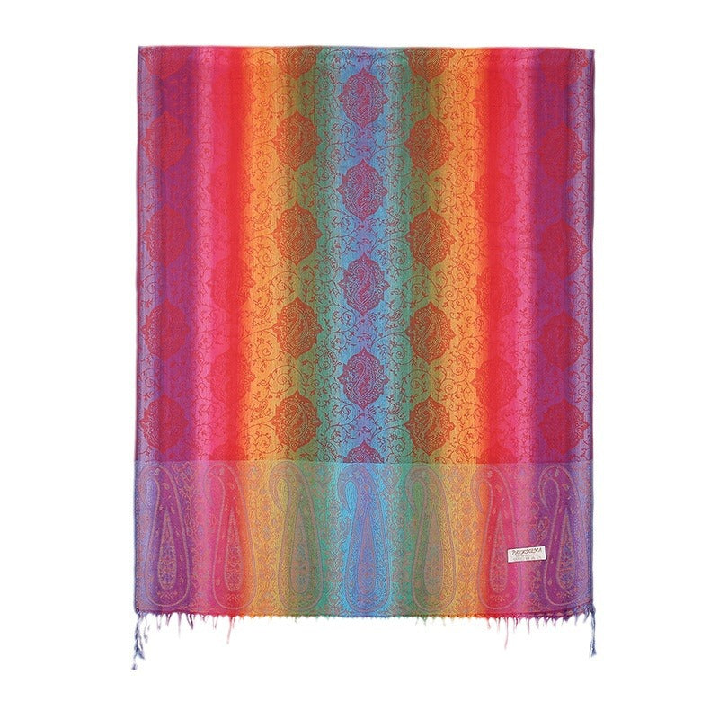 Ethnic Style Colorful Cashew Embroider Rainbow Gradient Tassel Scarf